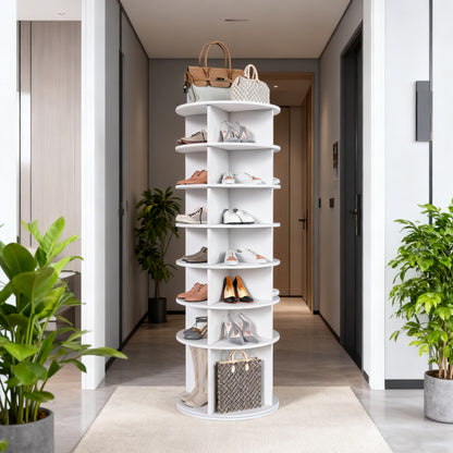 Drehbares Schuhregal 7 Ebenen, 360°, Stiefelfach, 28 Paar, Weiß, 184 cm
