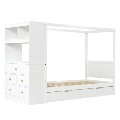 Einzelbett, Kinderbett mit Fallschutz und Gitter,  Holzbett mit Stauraum, Weiß+Natur,  90x200cm