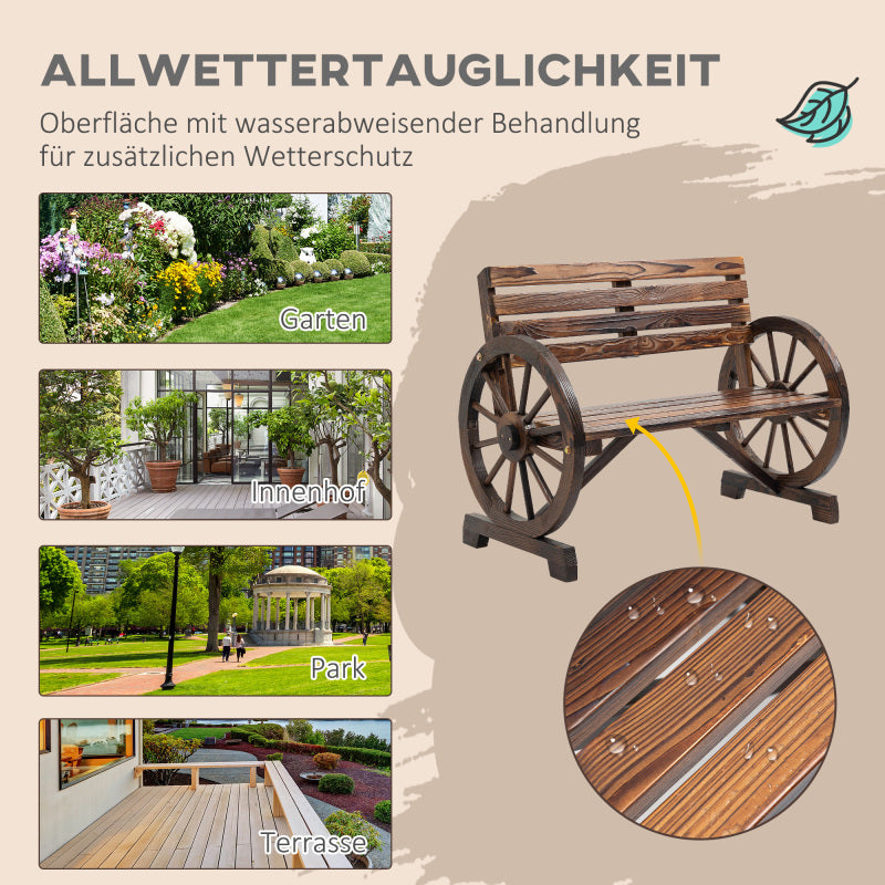 Gartenbank 2-Sitzer  Holzbank mit Wagenrad-Armlehnen im Landhausstil, Tannenholz, Braun
