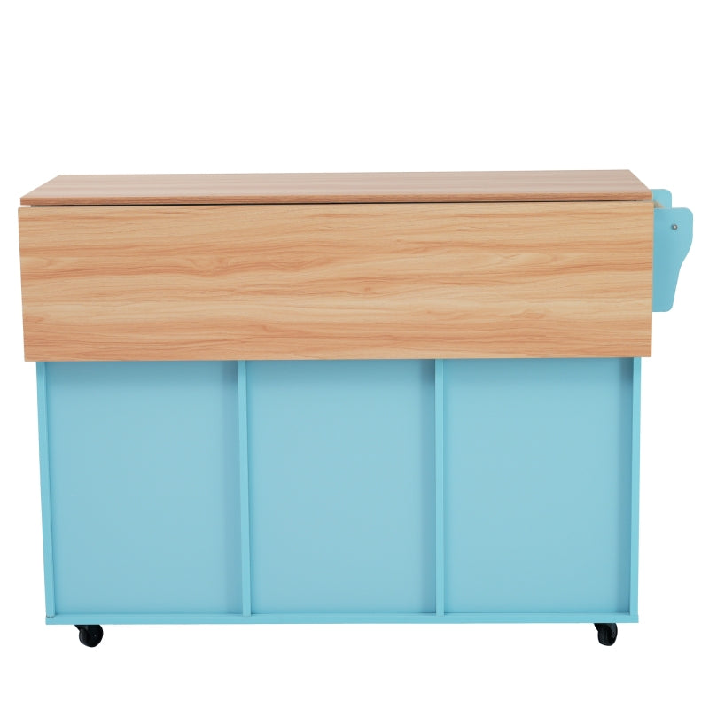 129x46(71)x91,5 cm großer Speisewagen/Sideboard, Arbeitsplatte mit Massivholzmaserung + blauer Schrank/faltbare Arbeitsplatte/Aufbewahrungstür-Design/Räder/Massivholzfüße umschaltbar/für Zuhause geeig