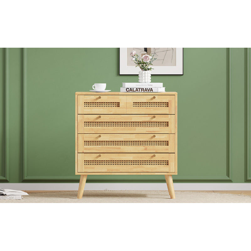 Klassische Kommode, Schrank mit 3 Schubladen, mit Rattan-Schubladenplatte, mit unterem Flip-Top-Deckel, mit goldfarbenem Metallgriff und Holzbeine, Stauraum im Wohnzimmer und Schlafzimmer, Spanplatten