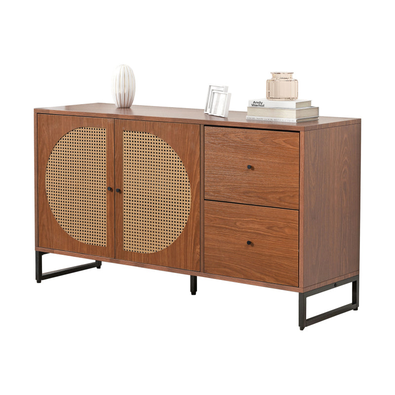 Sideboard mit 2 Rattan verzierten Türen und 2 Schubladen Kommode Küchenschrank, Mehrzweckschrank, Highboard mit Metallgriffe, für Schlafzimmer & Wohnräume & Büro