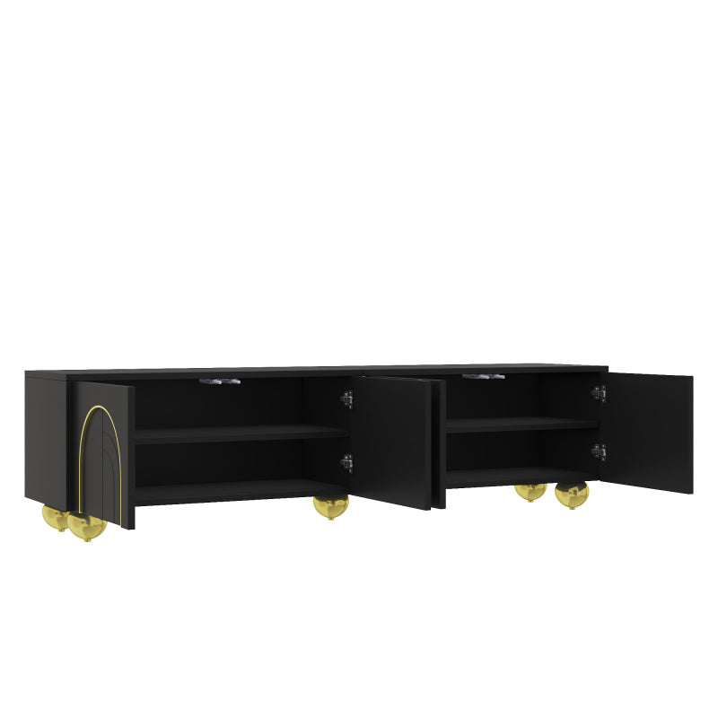 TV-Schrank, lowboard mit strukturierten Türen, goldenen Verzierungen, goldenen runden Beinen, inklusive Einlegeböden, push-to-open