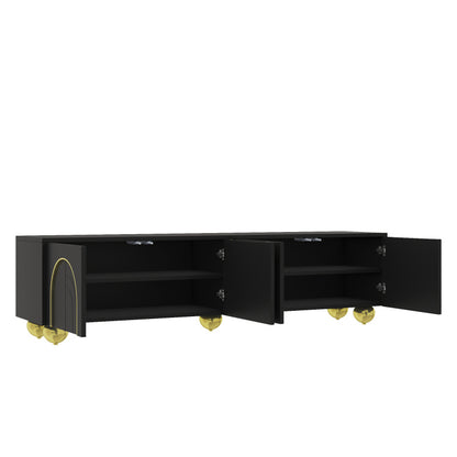 TV-Schrank, lowboard mit strukturierten Türen, goldenen Verzierungen, goldenen runden Beinen, inklusive Einlegeböden, push-to-open