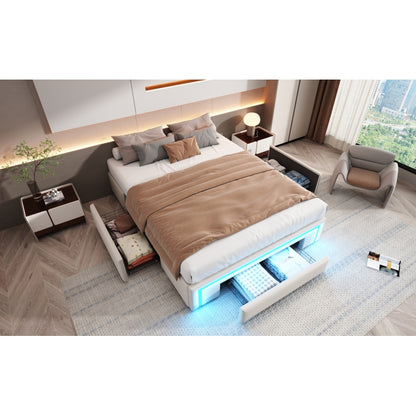 Bettgestell 140X200 mit Schubladen, PU-Leder Bett ohne Kopfteil Mit LED-Lichtleiste, MetalllattenPlattformbett für moderne Schlafzimmer Beige