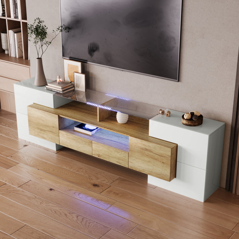 Stilvoller TV-Schrank, Lowboard.hochglänzendes Weiß, 200 cm, LED-Beleuchtung, Wohnzimmermöbel.  modernes Design. elegante Glasoberfläche.