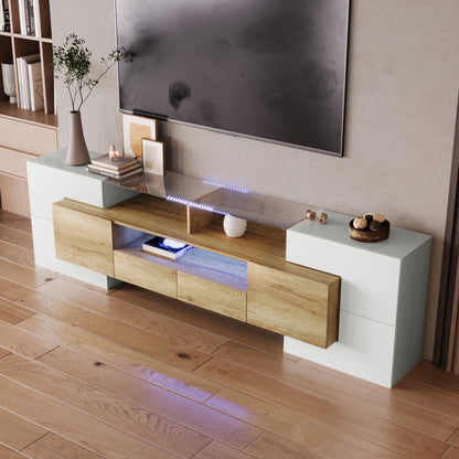Stilvoller TV-Schrank, Lowboard.hochglänzendes Weiß, 200 cm, LED-Beleuchtung, Wohnzimmermöbel.  modernes Design. elegante Glasoberfläche.