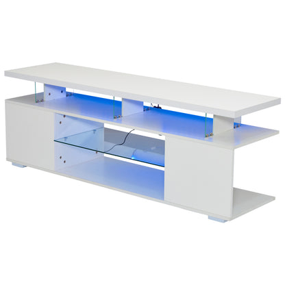 Moderner Low-Panel-Hochglanz-TV-Ständer mit LED-Beleuchtung, TV-Panel, TV-Glasschrank für 60-Zoll-Fernseher, Tische, universelle Gaming-Medienständer, Stauschränke und große Stauräume, Reinweiß