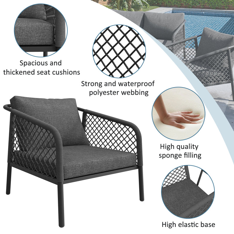 Garten-Lounge-Set, Gartenmöbel-Set aus Seil, Modernes Outdoor-Sofa-Set, graues Seil, Tischplatte aus glattem Glas, inklusive aller Sitz- und Rückenkissen,Loungemöbel, Balkonset , Garten & Terrasse