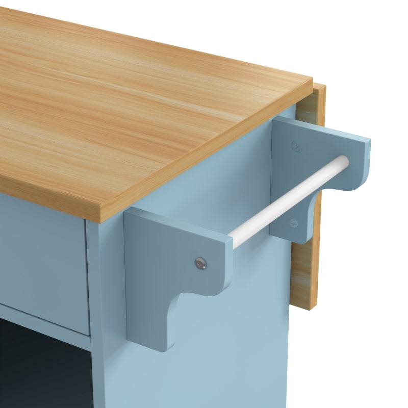 Esswagen/Anrichte, 112x40(70)x94 cm, Blau, Klappbare Massivholzoptik-Arbeitsplatte, mit Ablagetür, Rollen & Auswechselbaren Massivholzfüßen, für Küche & Esszimmer