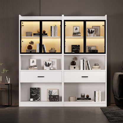 Curio Vitrine mit Licht, 16 Farben Licht, Sammlerstücke Schrank Display Regal, Bücherregal Vitrine für Wohnzimmer, weiß, schwarzer Fenste