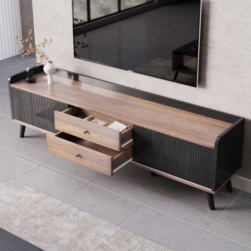 TV-Schrank mit zwei Schubladen, Fernsehtisch TV Board, TV- Lowboard niedrige Platte mit zwei Schiebetüren. Exquisite Textur. Schwarz und natürliches Holzfarbe. H58/L160/T40 cm
