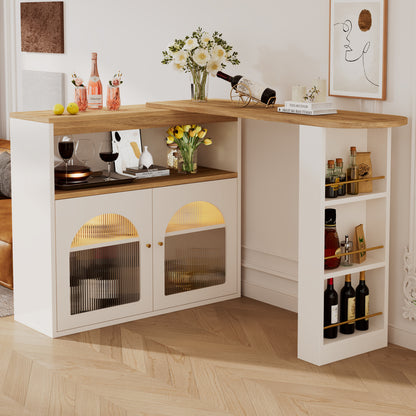 Bartisch ausziehbar 138-193cm, 360° drehbarer Stehtisch mit LED & Glasfront, Bistrotisch mit Regal, Esstisch mit Stauraum, Weiß