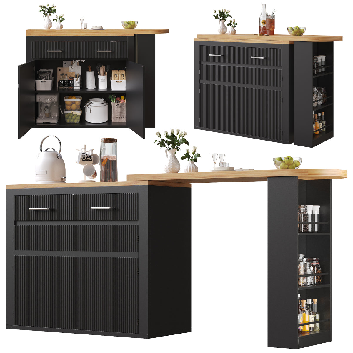 Ausziehbarer Bartisch Schwarz (137-215cm) - Moderner Teleskop-Hochtisch mit Schublade & Regalen - Bewegliche Kücheninsel & Bistro Table