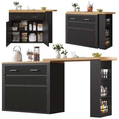 Ausziehbarer Bartisch Schwarz (137-215cm) - Moderner Teleskop-Hochtisch mit Schublade & Regalen - Bewegliche Kücheninsel & Bistro Table