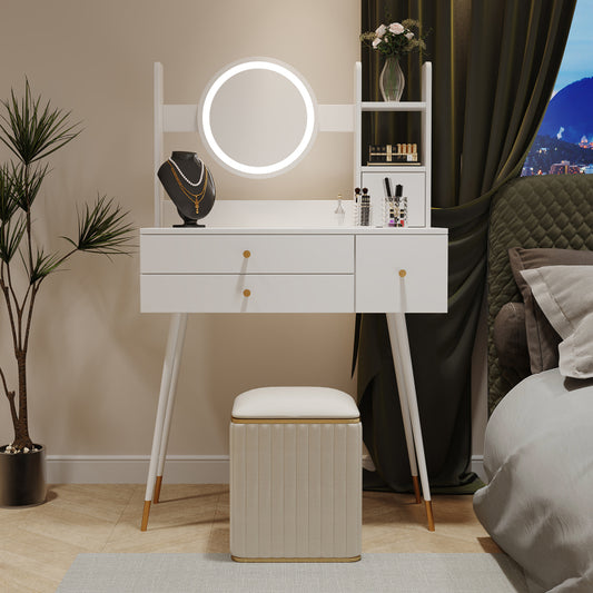 Schminktisch(Ohne Stühle), mit Spiegel einstellbare Helligkeit, mit 3 Schubladen, luxuriöses vergoldetes Zubehör, High-End Schminktisch mit mehreren Stauräumen, Weiß
