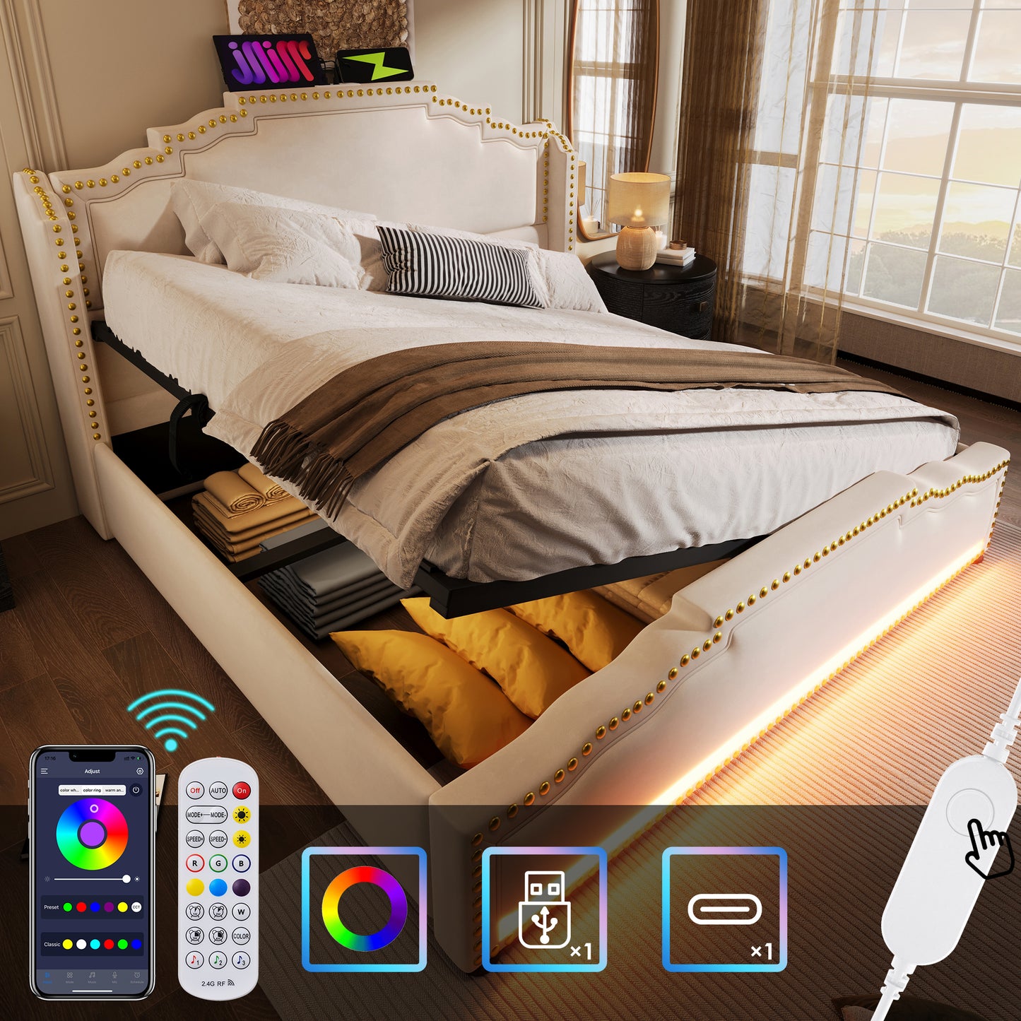 Polsterbett 140x200, Doppelbett mit hydraulischem Stauraum, LED-Beleuchtung und USB-C-Ladeanschluss, Stauraumbett und Jugendbett mit Lattenrost, Samt, Beige, ohne Matratze