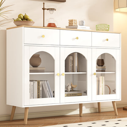 Sideboard mit 3 Schubladen und 3 gebogenen Türen mit breitem Schrank aus gehärtetem Glas für Buffettische in Küchen und Esszimmern, weiß und natur