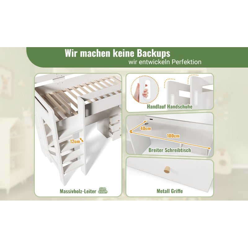 Kinderbett Hochbett mit USB-C Schreibtisch, Kleiderschrank und Aktenschrank, Jugendbett  Einzelbett mit Treppe und Lattenrost, Stauraum,90×200, Ohne Matratze