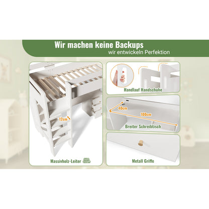 Kinderbett Hochbett mit USB-C Schreibtisch, Kleiderschrank und Aktenschrank, Jugendbett  Einzelbett mit Treppe und Lattenrost, Stauraum,90×200, Ohne Matratze