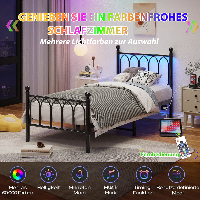 90x200cm Metall Bettrahmen mit Vintage Kopf und Fußplatte, USB-Ladestation, LED-Bettrahmen, Heavy Duty Stahl Slat Unterstützung, Reichweite Unterbett-Speicher, Keine Box-Feder erforderlich, Schwarz