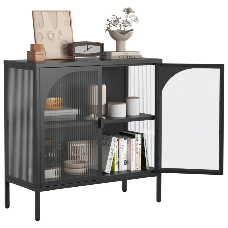 Metallseitenbrett-Schrank, Akzent-Speicherschrank mit 2 Glasklappen, Moderner Kaffebar-Schrank mit Einstellbaren Regalen für Küche, Wohnzimmer und Flur, eisenhaltig, H80cm×B80cm×T35cm