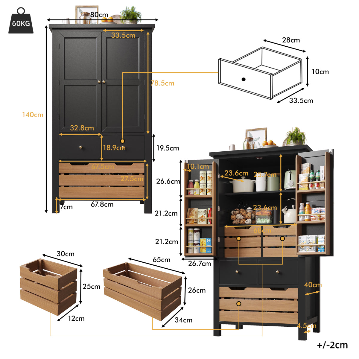Küchenschrank 140cm hoch, Buffet-Schrank mit 2 Türen & 5 Schubladen, Mehrzweckschrank Schwarz, Sideboard Vorratsschrank mit Kippschutz, 80x40cm