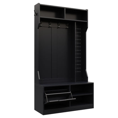 Garderobenset, Komplett-Set Flurgarderobe mit Sitzbank, 6 Haken, 1 Türen & 4 Offener Lagerraum, Schwarz