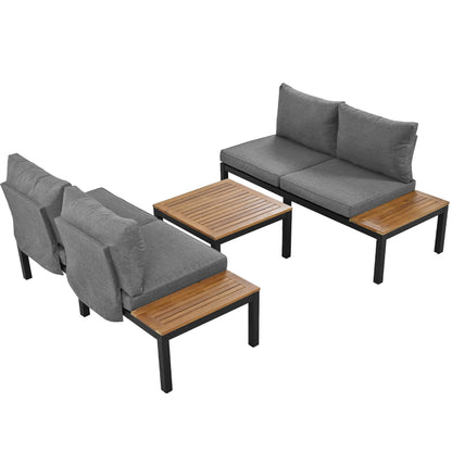 Garten-Lounge-Set (2 Zweisitzer, 2 Beistelltische, 1 Tisch), Tischplatte aus massiver Akazie, Stoffbezug für Rückenlehne, grau(previous sku:HW00005AAE)