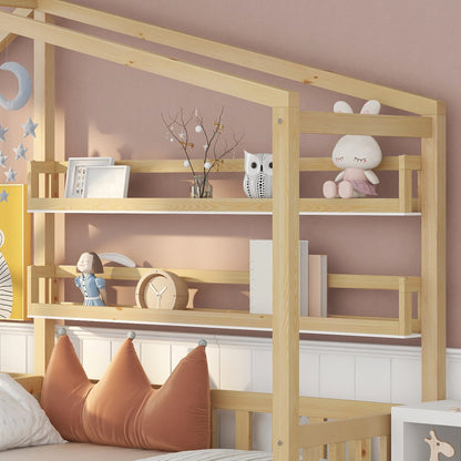 Kinderbett Hausbett mit Schubladen und Regalen, Massivholz mit Zaun und Lattenrost, L-Struktur, Natur (90x200 cm+140x70cm)