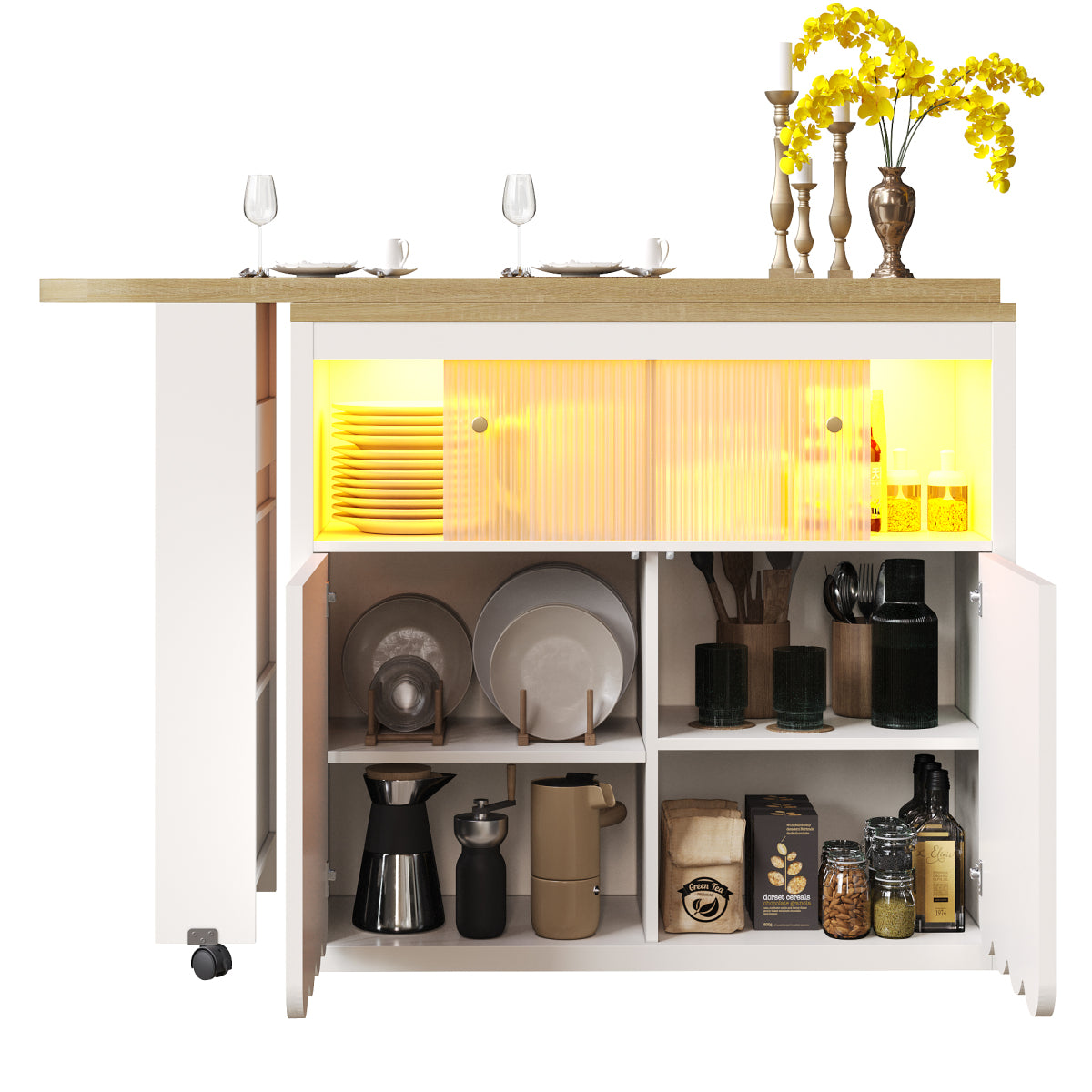 Ausziehbarer Bartisch 135-205cm mit LED & USB, Mobiler Hochtisch Weiß, Teleskop-Kücheninsel mit Glas-Schiebetür & Soft-Close, Gestreift