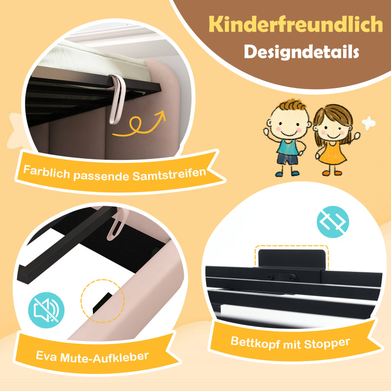 Polsterbett Daybett,Tagesbett Schlafsofa mit hydraulischem Stauraum, Kinderbett mit Metall-Lattenrost, Samt, Rosa, ohne Matratze