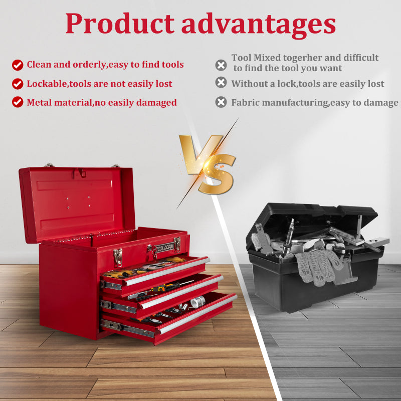 20,3 Zoll Metall-Werkzeugkasten mit Schubladen, tragbarer Werkzeugkasten aus Stahlmetall  (rot, 3 Schubladen)