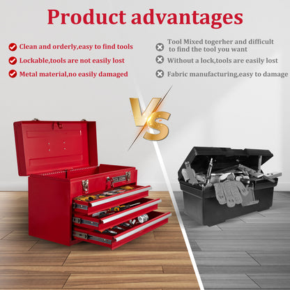 20,3 Zoll Metall-Werkzeugkasten mit Schubladen, tragbarer Werkzeugkasten aus Stahlmetall  (rot, 3 Schubladen)