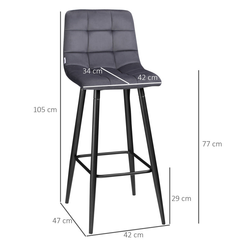 barhocker 2er-Set für Küche, modernes Design mit Samtbezug und Stahlbeinen, rutschfeste Fußkappen, bis 120 kg, Grau