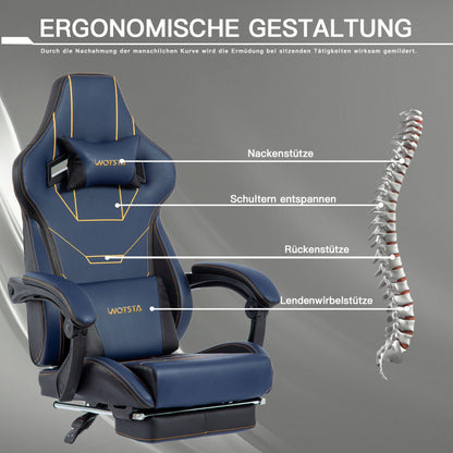 Gaming Stuhl Ergonomisch Gaming Chair Bürostuhl mit Fußstütze Racing Computerstuhl Höhenverstellbar Gepolstert Computerstuhl Lendenwirbelstütze Blau