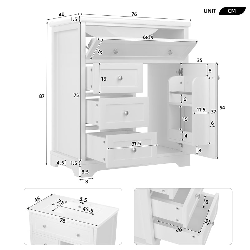 76x46x87cm Bodenstehender Badezimmerschrank mit Waschbeck, Waschtisch,Sprühlackierverfahren,Drei Soft-Close-Schubladen,Türregale,ausklappbare Schublade,integriertes Keramikwaschbecken,Weiß