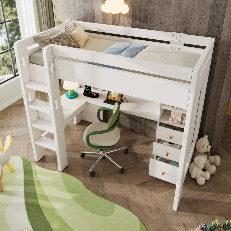 Kinderbett Hochbett mit L-förmigem Schreibtisch, Regalen und Schubladen mit USB/Type-C Ladebereich, Jugend-Einzelbett mit Leiter und Holzlattenrost, 90×200cm, Weiß, ohne Matratze.