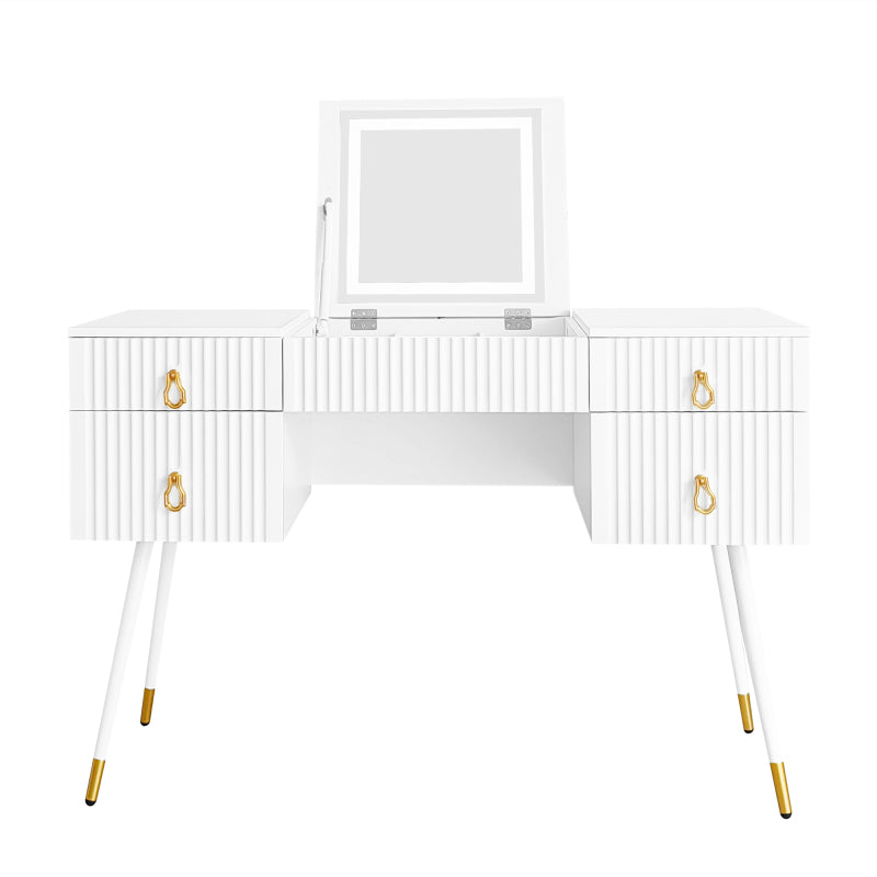 Weißer Schminktisch(Ohne Stühle), Enthält LED-Spiegel mit einstellbarer Helligkeit, luxuriösem vergoldetem Zubehör und mehreren Stauräumen, mit 4 Schubladen, Schreibtisch univer, Weiß