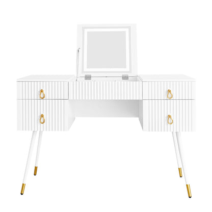 Weißer Schminktisch(Ohne Stühle), Enthält LED-Spiegel mit einstellbarer Helligkeit, luxuriösem vergoldetem Zubehör und mehreren Stauräumen, mit 4 Schubladen, Schreibtisch univer, Weiß