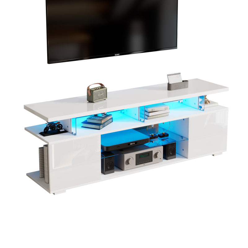 Moderner Low-Panel-Hochglanz-TV-Ständer mit LED-Beleuchtung, TV-Panel, TV-Glasschrank für 60-Zoll-Fernseher, Tische, universelle Gaming-Medienständer, Stauschränke und große Stauräume, Reinweiß
