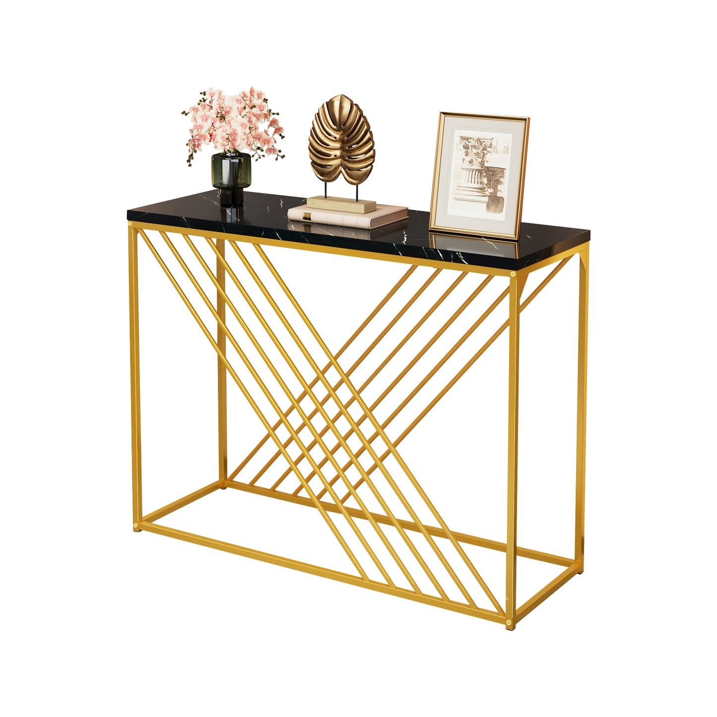 MDF Hochglanz Tisch für den Eingangsbereich, Konsolentisch, Flurtisch, Sideboard, Beistelltisch, Vintage, Schwarzer Tisch mit goldenem Fuß,
