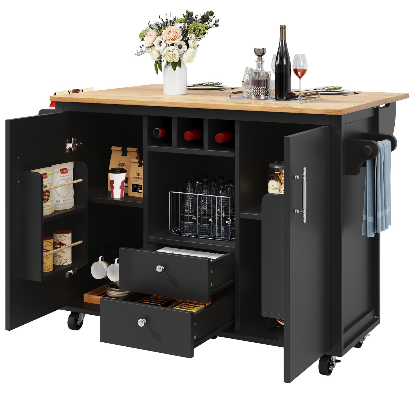 Kücheninsel Buffetschrank 120x73x92cm Küchenwagen klappbare Arbeitsplatte Handtuchhalter Gewürzregal Weinregal verstellbare Böden Küchenschrank Schwarz