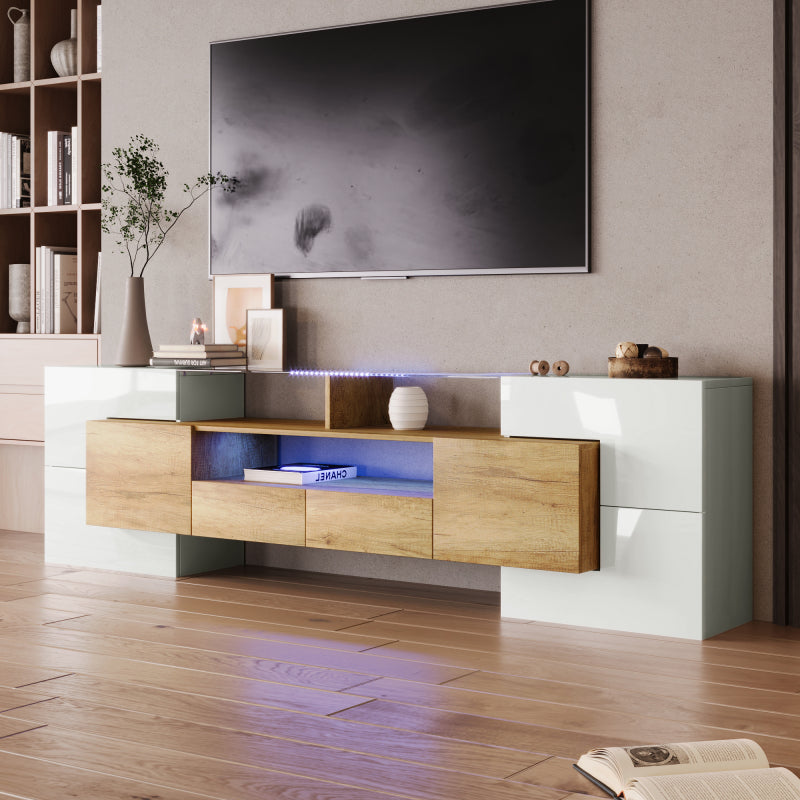 Stilvoller TV-Schrank, Lowboard.hochglänzendes Weiß, 200 cm, LED-Beleuchtung, Wohnzimmermöbel.  modernes Design. elegante Glasoberfläche.