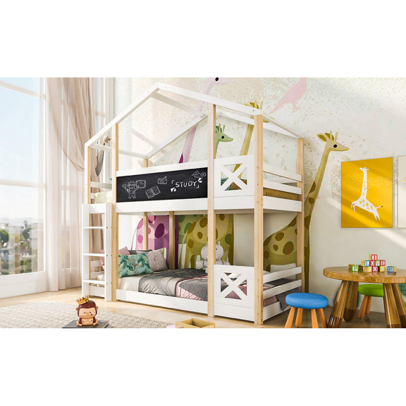 Kinderbett Baumhaus mit Rutsche & Leiter 90 x 200 cm, Hochbett für Kinder– 2x Lattenrost- Natur & Weiß