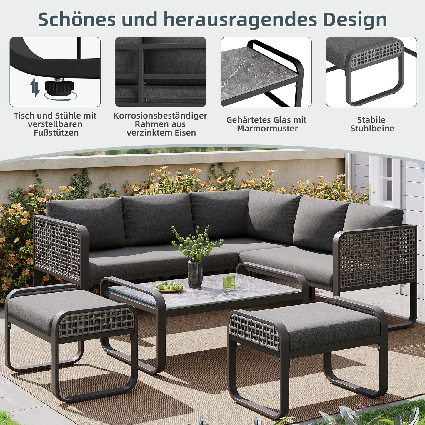 Garten-Lounge-Set, Rattan-Möbel-Set für 6-7 Personen, Ecksofa mit verzinktem Eisengestell, verstellbare Beine, inklusive aller Sitz- und Rückenkissen, grau