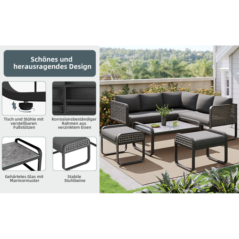 Garten-Lounge-Set, Rattan-Möbel-Set für 6-7 Personen, Ecksofa mit verzinktem Eisengestell, verstellbare Beine, inklusive aller Sitz- und Rückenkissen, grau