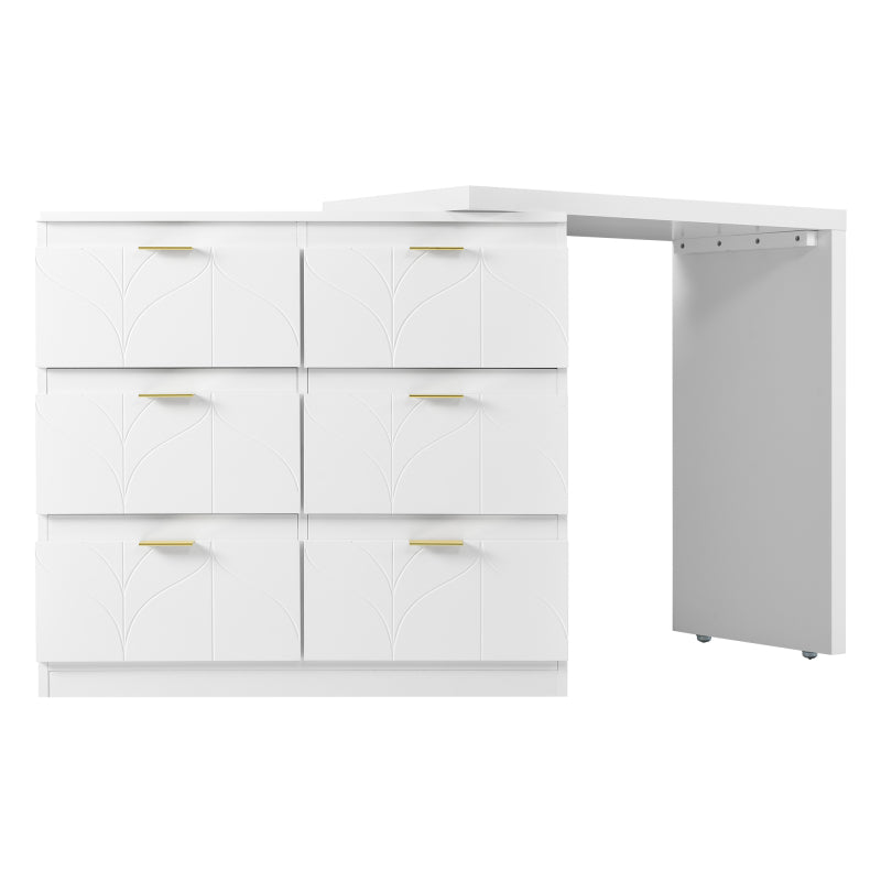 Schminktisch mit Beistelltisch,Bürotisch mit 6 Schubladen,Vergoldeten Griffen,drehbare Tischplatte(180°),lackiert,Blumenmuster,stoßfeste abgerundete Ecken,40T*73H,Weiß (ohne Spiegel und Hocker)