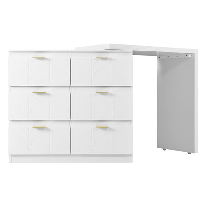 Schminktisch mit Beistelltisch,Bürotisch mit 6 Schubladen,Vergoldeten Griffen,drehbare Tischplatte(180°),lackiert,Blumenmuster,stoßfeste abgerundete Ecken,40T*73H,Weiß (ohne Spiegel und Hocker)