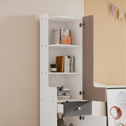 Hohes Bücherregal, Teenager-Regal, mit Schublade, Aufbewahrungsschränke, Weiß + helle Ulmefarbe + Grau